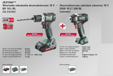 METABO.ZESTAW COMBO 18V (BS 18 L BL + SSW 18 LT 300 BL) 2x2,0Ah %%%