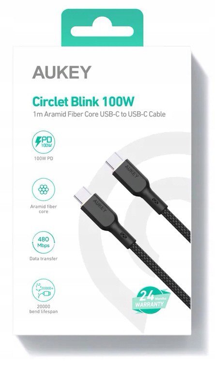 AUKEY CB-KCC101 kabel USB-C - USB-C 1m 100W PD 5A 20V kevlar + nylonowy oplot