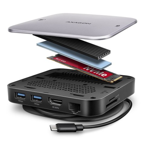 AXAGON HMC-UFO Wieloportowy hub 9in1 USB-C 3.2 Gen 2 10Gbps HDMI M.2 NVMe/SATA audio PD100W microSD LAN