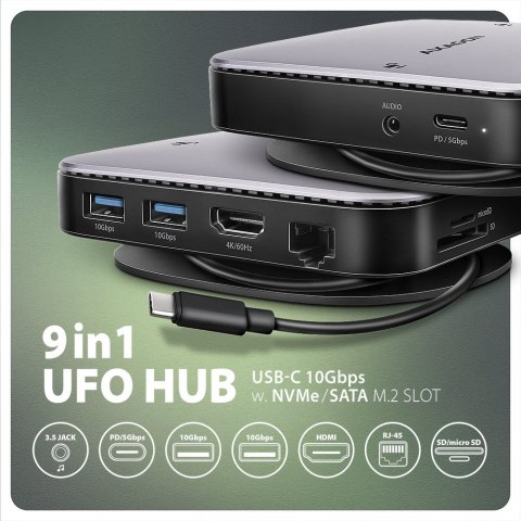 AXAGON HMC-UFO Wieloportowy hub USB 9in1, 10Gbps, 2x USB-A, HDMI 4K/60Hz, M.2 NVMe/SATA, audio, PD 100W, SD/microSD, GLAN, 65cm USB-C k