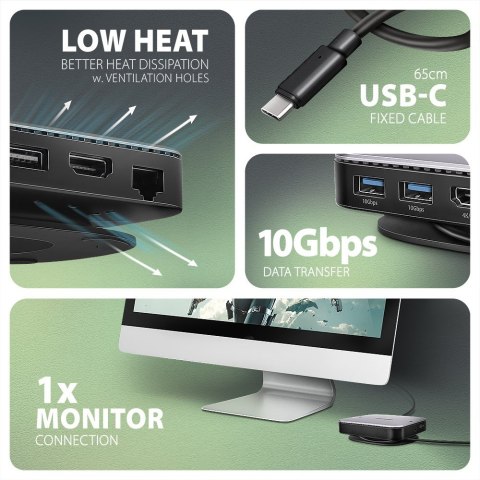 AXAGON HMC-UFO Wieloportowy hub USB 9in1, 10Gbps, 2x USB-A, HDMI 4K/60Hz, M.2 NVMe/SATA, audio, PD 100W, SD/microSD, GLAN, 65cm USB-C k