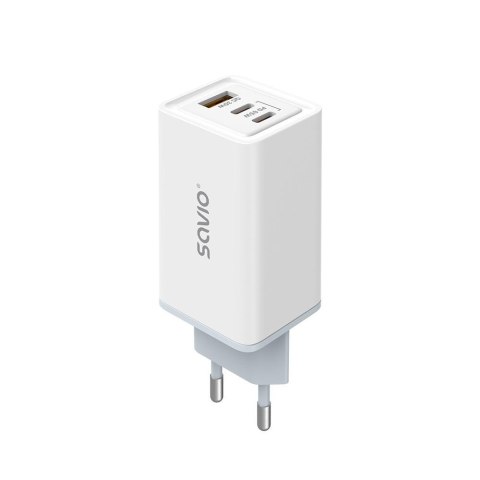 Ładowarka sieciowa 65W Savio GaN LA-07 z kablem USB-A- USB typ C 1 m, biała