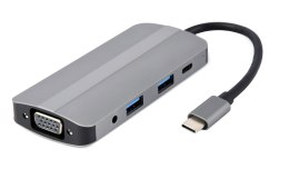 GEMBIRD MULTI ADAPTER USB TYP-C 8W1 (HUB3.1 + HDMI + VGA + PD + CZYTNIK KART + DŹWIĘK STEREO), SZARY