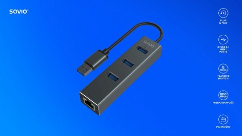 Savio Hub AK-58 3-portowy USB-A 3.1 Gen 1 z adapterem RJ-45 Gigabit Ethernet