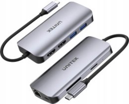 Unitek Aktywny hub USB-C 5Gbps, 2x HDMI 4K, czytnik kart, RJ-45, PD 100W