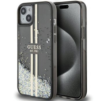 GUESS GUHCP15SLFCSEGK IPHONE 15 / 14 / 13 6.1" CZARNY/BLACK HARDCASE LIQUID GLITTER GOLD STRIPES