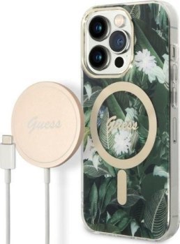 Guess Bundle Pack MagSafe IML Jungle - Zestaw etui + ładowarka MagSafe iPhone 14 Pro (khaki/złoty)