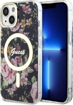 Guess Flower MagSafe - Etui iPhone 14 Plus (Czarny)