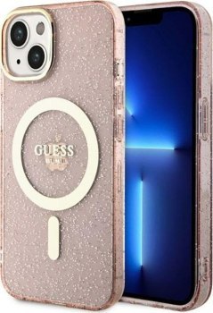 Guess Glitter Gold MagSafe - Etui iPhone 14 Plus (Różowy)