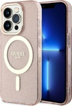 Guess Glitter Gold MagSafe - Etui iPhone 14 Pro (Różowy)