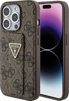 Guess Grip Stand 4G Triangle Strass Logo - Etui iPhone 15 Pro (brązowy)