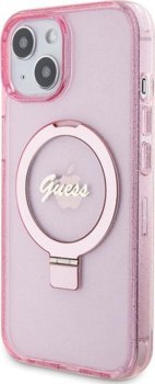 Guess Ring Stand Script Glitter MagSafe - Etui iPhone 15 Plus (różowy)