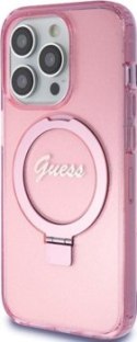 Guess Ring Stand Script Glitter MagSafe - Etui iPhone 15 Pro Max (różowy)