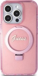 Guess Ring Stand Script Glitter MagSafe - Etui iPhone 15 Pro Max (różowy)