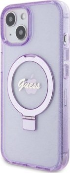 Guess Ring Stand Script Glitter MagSafe - Etui iPhone 15 (fioletowy)