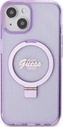 Guess Ring Stand Script Glitter MagSafe - Etui iPhone 15 (fioletowy)