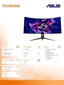 Asus Monitor 39 cali PG39WCDM OLED QOLED 0.03 240Hz KVM 450NIT DP HDMIx2 USBx4 USB-C 90w h:0-80mm