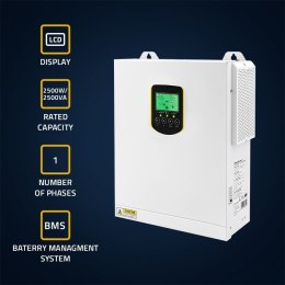 Qoltec Hybrydowy inwerter solarny Off-Grid 2.5kVA | 2.5kW | 100A | MPPT | LCD | BMS | Sinus