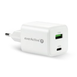 EverActive Ładowarka sieciowa GaN 1X USB, 1X USB-C 45W QC4+ PD Biała