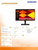 Samsung Monitor 27 cali S40GD IPS 1920x1080 FHD 16:9 2xHDMI 1xDP 2xUSB-A 2.0 1xUSB-B 5ms 100Hz HAS+PIV płaski 3YOn-Site (LS27D400GAUXEN)