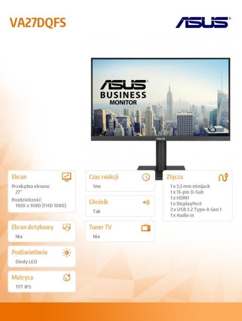 Asus Monitor 27 cali VA27DQFS IPS HDMI DP 100Hz