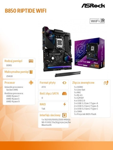 ASRock Płyta główna B850 Phantom Gaming Riptide WiFi AM5 4DDR5 ATX