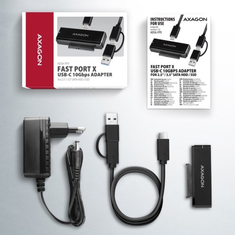 AXAGON ADSA-FPX Adapter USB-C 10Gbps SATA 6G 2.5/3.5 cala SSD/HDD FASTPORT X, w tym zasilacz, 60cm USB-C/USB-A kabel