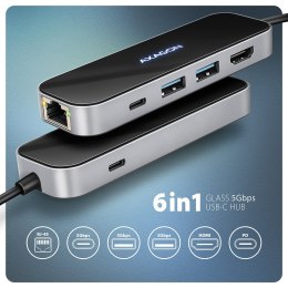 AXAGON HMC-6GLN Wieloportowy hub USB 6in1, 5Gbps, 2xUSB-A, 1x USB-C, GLAN, HDMI 4K/60Hz, PD 100W, 20cm USB-C kabel