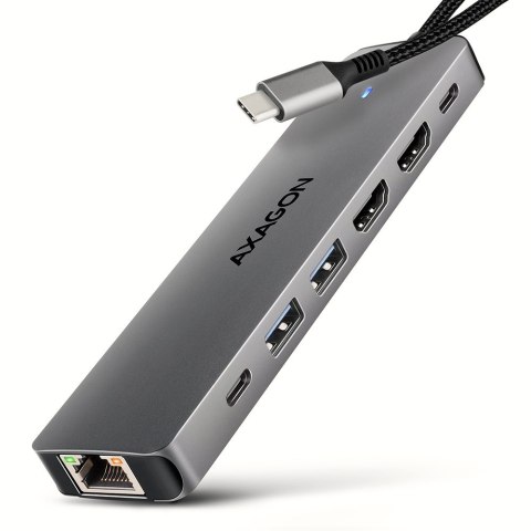 AXAGON HMC-7HX2 Wieloportovy hub USB 7in1, 5Gbps, 2x USB-A, 1x USB-C, 2x HDMI 4K/60Hz, GLAN, PD 100W, 15cm USB-C kabel
