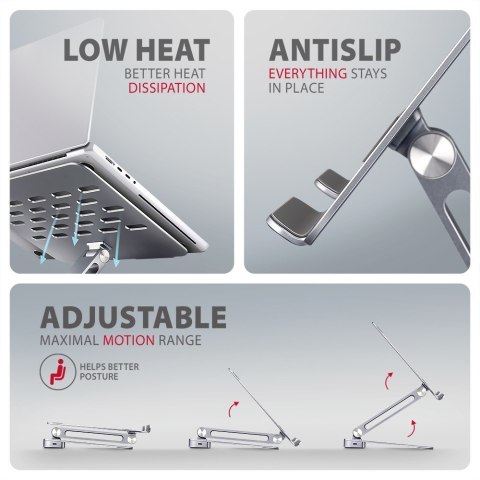 AXAGON HMC-STND Stojak z wieloportowy hub Aluminiowy 7in1, 5Gbps, do 10"-16" cali laptopów, nastawny, 3x USB-A, HDMI 4K/60Hz, GLAN, PD 