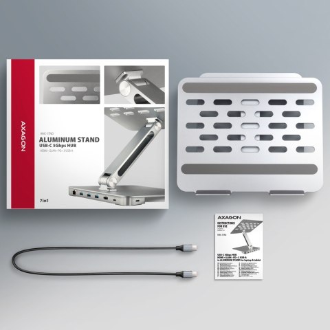 AXAGON HMC-STND Stojak z wieloportowy hub Aluminiowy 7in1, 5Gbps, do 10"-16" cali laptopów, nastawny, 3x USB-A, HDMI 4K/60Hz, GLAN, PD 