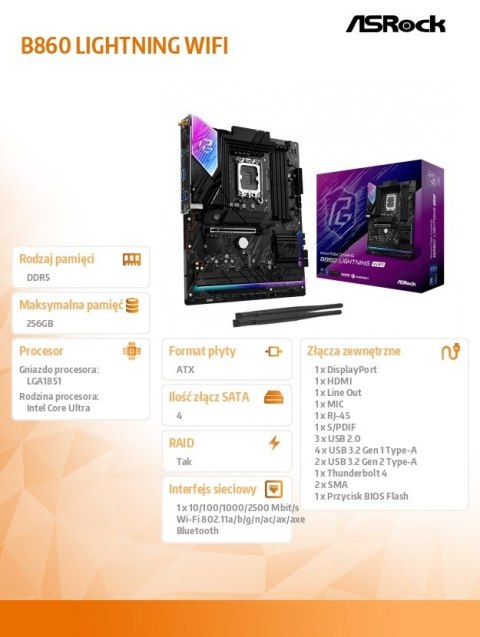 ASRock Płyta główna B860 LIGHTNING WIFI s1851 4DDR5 ATX