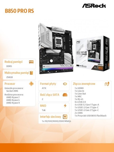 ASRock Płyta główna B850 PRO RS AM5 4DDR5 ATX