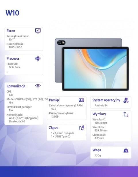 ULEFONE Tablet Tab W10 WiFi 10.1" 4/128GB Space Grey z ładowarką