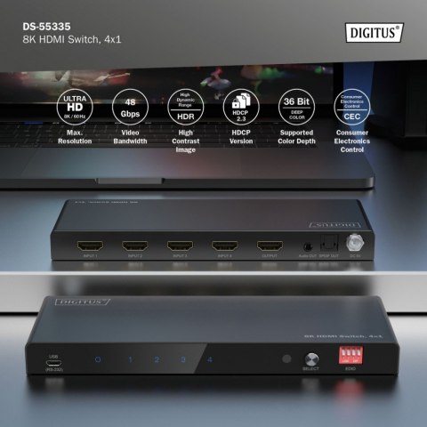 Digitus Przełącznik / Switch HDMI 4x1, 8K/60Hz (4:4:4) z HDR, 48 Gbps, HDCP 2.3, Toslink / Stereo, EDID