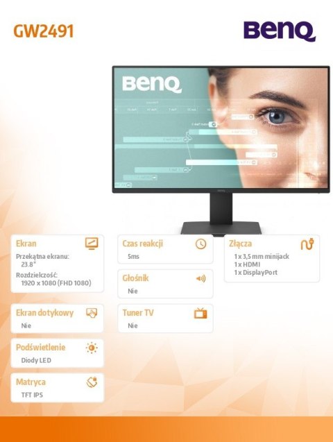 Benq Monitor 23.8 cala GW2491 LED 5ms/100Hz/IPS/HDMI