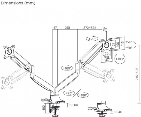 ART Uchwyt biurkowy gazowy do 2 monitorów LED/LCD 17-35" L-36HD 1-15KG 1xUSB-A 1xUSB-C 3.0 Heavy Duty