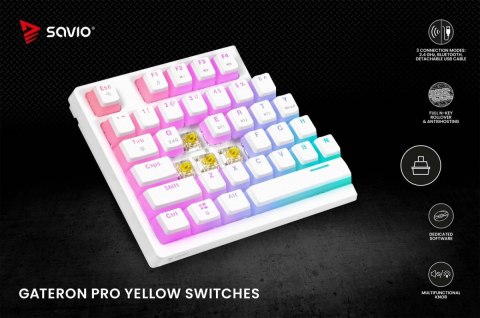 Savio Klawiatura mechaniczna bezprzewodowa SAVIO PHENIX WHITE Gateron Yellow, Pudding