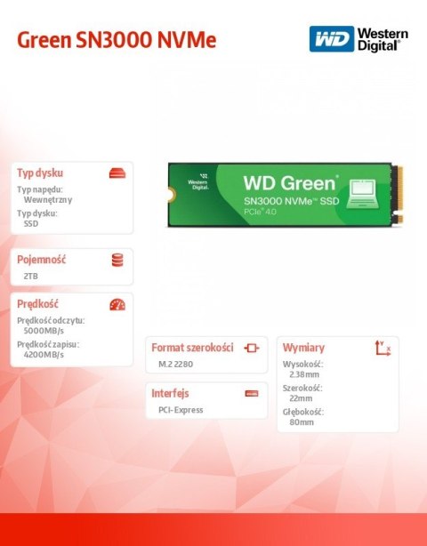 Western Digital Dysk SSD Green 2TB M.2 2280 SN3000 NVMe PCIE4.0