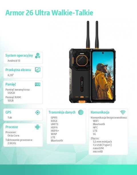 ULEFONE Smartfon Armor 26 Ultra Walkie-Talkie 5G 12/512GB IP69K Czarny