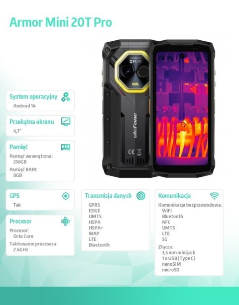 ULEFONE Smartfon Armor Mini 20T Pro 5G 4.7 cala 8/256GB IP69K termowizja Czarny