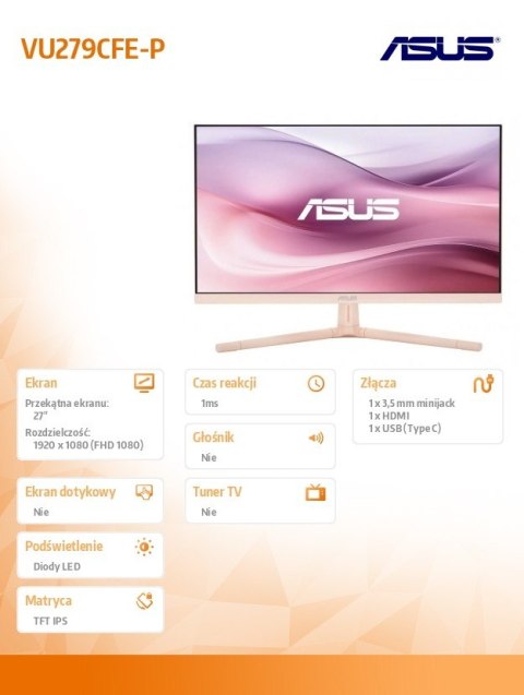 Asus Monitor 27 cali VU279CFE-G VU IPS 100Hz HDMI USB-C 15W