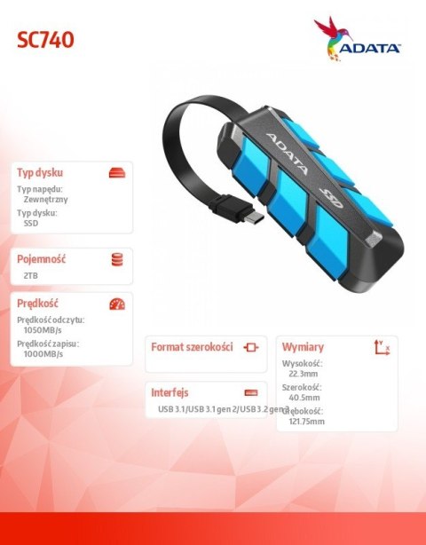 Adata Dysk zewnętrzny SSD SC740 2TB U3.2C 1050/1000 MB/s niebieski