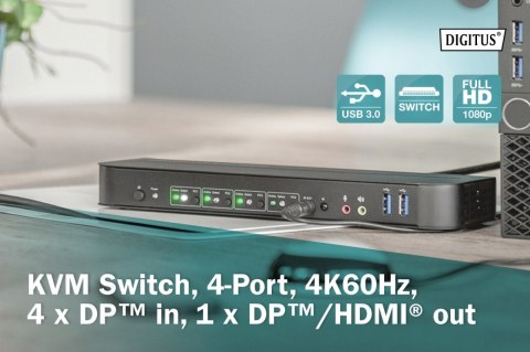 Digitus Przełącznik KVM, 4 portowy, 4K 60Hz, 4x DP IN, 1x DP OUT, 1x HDMI OUT, 2x USB A, 1x Audio IN&OUT