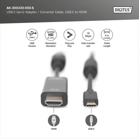 Digitus Kabel USB Type-C/HDMI M/M USB 3.1 Gen.2 SuperSpeed+ 4K/60Hz 18Gbps 5m czarny