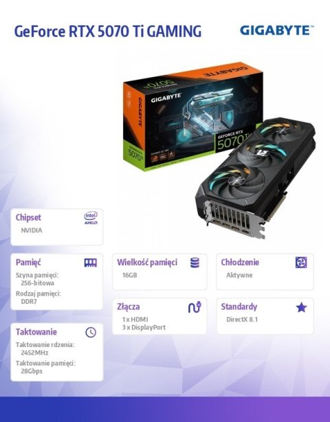 Gigabyte Karta graficzna GeForce RTX 5070 Ti GAMING OC 16G 256BIT GDDR7 3DP/HDMI