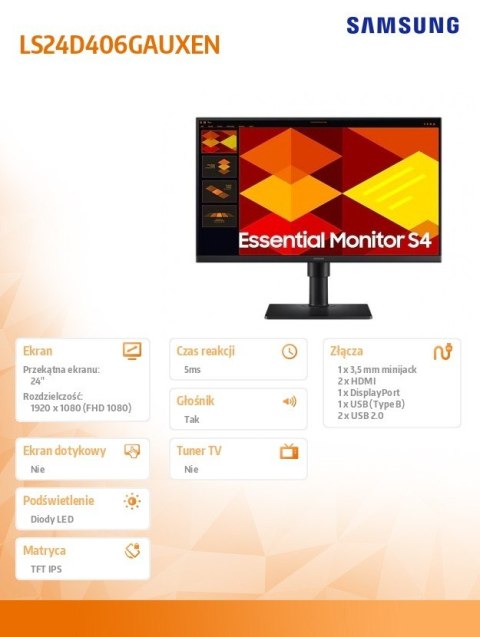 Samsung Monitor 24 cale S40GD IPS 1920x1080 FHD 16:9 2xHDMI 1xDP 2xUSB-A 2.0 1xUSB-B 5ms 100Hz HAS+PIV głośniki płaski 3YOn-Site (LS24D4
