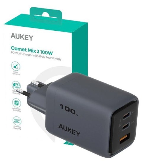 AUKEY PA-C5 ładowarka sieciowa 3xUSB (2xUSB-C i 1xUSB-A) 100W 5A QC5.0 PD3.0 AFC PPS FCP SCP