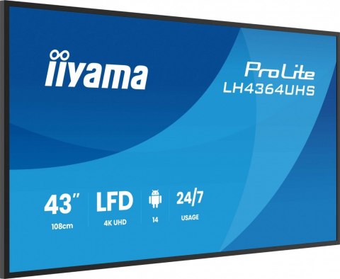 IIYAMA Monitor 43 cale LH4364UHS-B1AG 24/7,VA,ANDROID14,4K,500cd,4000:1,2xHDMI,USB-C,RJ45, RS-232c, IR, 2x10W, 2xUSB, UCHWYT ŚCIENNY