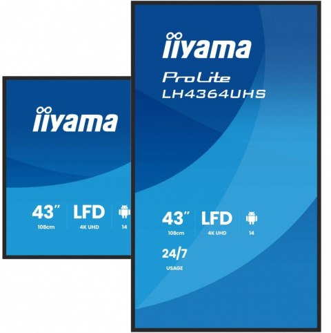 IIYAMA Monitor 43 cale LH4364UHS-B1AG 24/7,VA,ANDROID14,4K,500cd,4000:1,2xHDMI,USB-C,RJ45, RS-232c, IR, 2x10W, 2xUSB, UCHWYT ŚCIENNY